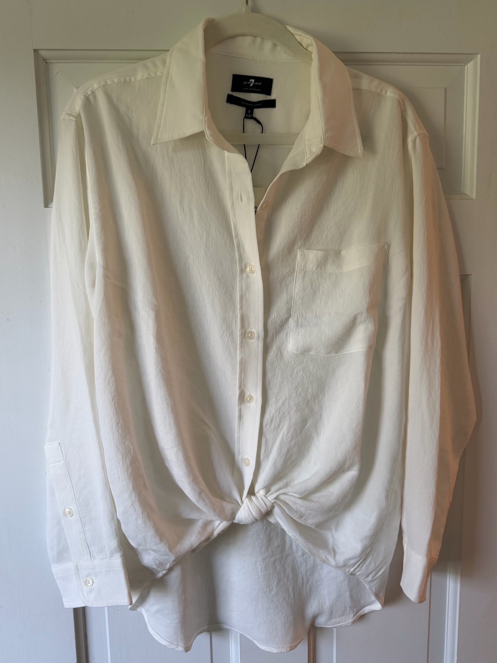 7 For All Mankind White Long-Sleeve Button-Down with Front Knot
